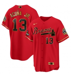 Men Atlanta Braves 13 Ronald Acuna Jr  2021 Red Gold World Series Champions With 150th Anniversary Patch Cool Base Stitched Jersey