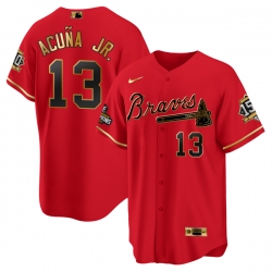 Men Atlanta Braves 13 Ronald Acuna Jr  2021 Red Gold World Series Champions With 150th Anniversary Patch Cool Base Stitched Jersey