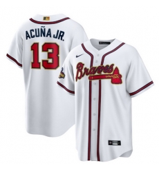 Men Atlanta Braves 13 Ronald Acuna Jr 2022 White Gold World Series Champions Program Cool Base Stitched Baseball jersey