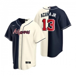 Men Atlanta Braves 13 Ronald Acuna Jr  Navy Cream Split Cool Base Stitched Baseball Jersey