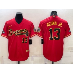 Men Atlanta Braves 13 Ronald Acuna Jr  Red Gold Cool Base Stitched Baseball Jersey