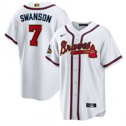 Men Atlanta Braves 237 Dansby Swanson 2022 White Gold World Series Champions Program Cool Base Stitched Baseball jersey