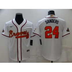Men Atlanta Braves 24 Deion Sanders 2022 White Gold World Series Champions Program Cool Base Stitched Baseball jersey