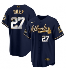 Men Atlanta Braves 27 Austin Riley 2021 Navy Gold World Series Champions With 150th Anniversary Patch Cool Base Stitched Jersey