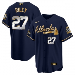 Men Atlanta Braves 27 Austin Riley 2021 Navy Gold World Series Champions With 150th Anniversary Patch Cool Base Stitched Jersey