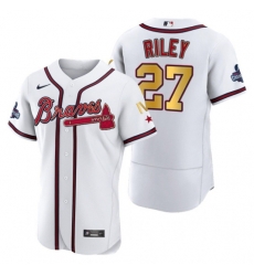 Men Atlanta Braves 27 Austin Riley White Gold World Series Champions Flex Base Stitched Jersey