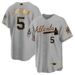Men Atlanta Braves 5 Freddie Freeman 2021 Grey Gold World Series Champions With 150th Anniversary Patch Cool Base Stitched Jersey
