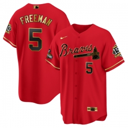 Men Atlanta Braves 5 Freddie Freeman 2021 Red Gold World Series Champions With 150th Anniversary Patch Cool Base Stitched Jersey
