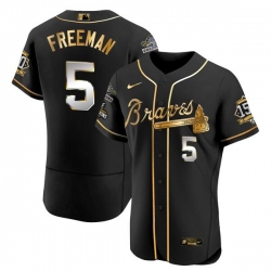 Men Atlanta Braves 5 Freddie Freeman Black Golden World Series Champions With 150th Anniversary Patch Flex Base Stitched Jersey