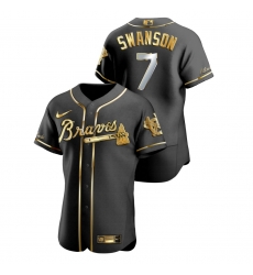 Men Atlanta Braves 7 Dansby Swanson Black Gold 2020 Nike Flexbase Jersey