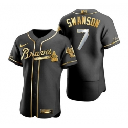 Men Atlanta Braves 7 Dansby Swanson Black Golden Flex Base Stitched Jersey