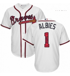 Mens Majestic Atlanta Braves 1 Ozzie Albies Authentic White Team Logo Fashion Cool Base MLB Jersey 