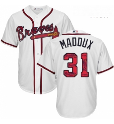 Mens Majestic Atlanta Braves 31 Greg Maddux Authentic White Team Logo Fashion Cool Base MLB Jersey