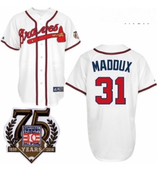 Mens Majestic Atlanta Braves 31 Greg Maddux Authentic White w75th Anniversary Commemorative Patch MLB Jersey