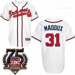 Mens Majestic Atlanta Braves 31 Greg Maddux Replica White w75th Anniversary Commemorative Patch MLB Jersey