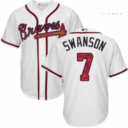 Mens Majestic Atlanta Braves 7 Dansby Swanson Authentic White Team Logo Fashion Cool Base MLB Jersey