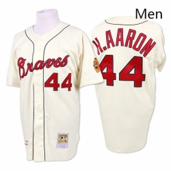 Mens Mitchell and Ness 1963 Atlanta Braves 44 Hank Aaron Replica Cream Throwback MLB Jersey