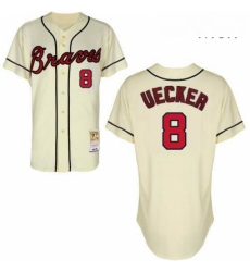 Mens Mitchell and Ness Atlanta Braves 8 Bob Uecker Replica Cream Throwback MLB Jersey