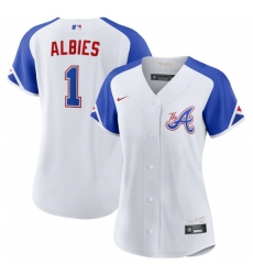 Women Atlanta Braves 1 Ozzie Albies White 2023 City Connect Stitched Baseball Jersey