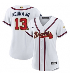 Women Atlanta Braves 13 Ronald Acuna Jr 2022 White Gold World Series Champions Program Stitched Jersey