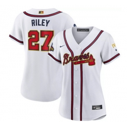 Women Atlanta Braves 27 Austin Riley 2022 White Gold World Series Champions Program Stitched Jersey