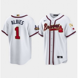 Youth Atlanta Braves 1 Ozzie Albies 2022 White Gold World Series Champions Program Cool Base Stitched Jersey