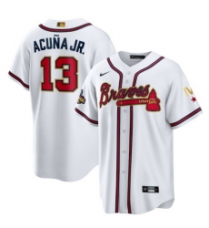 Youth Atlanta Braves 13 Ronald Acuna Jr 2022 White Gold World Series Champions Program Cool Base Stitched Jersey