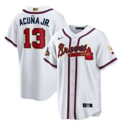 Youth Atlanta Braves 13 Ronald Acuna Jr 2022 White Gold World Series Champions Program Cool Base Stitched Jersey