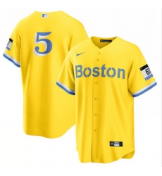 Men Boston Red Sox 5 Enrique Hernandez Nike Gold Light Blue 2021 City Connect Jersey