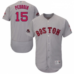 Mens Majestic Boston Red Sox 15 Dustin Pedroia Grey Road Flex Base Authentic Collection 2018 World Series Jersey
