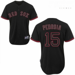 Mens Majestic Boston Red Sox 15 Dustin Pedroia Replica Black Fashion MLB Jersey