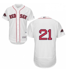Mens Majestic Boston Red Sox 21 Roger Clemens White Home Flex Base Authentic Collection 2018 World Series Jersey