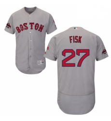 Mens Majestic Boston Red Sox 27 Carlton Fisk Grey Road Flex Base Authentic Collection 2018 World Series Jersey