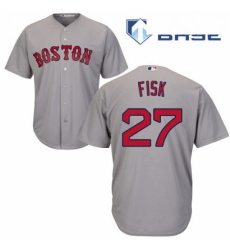 Mens Majestic Boston Red Sox 27 Carlton Fisk Replica Grey Road Cool Base MLB Jersey