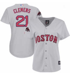 Womens Majestic Boston Red Sox 21 Roger Clemens Authentic Grey Road 2018 World Series Champions MLB Jersey