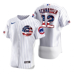 Men Chicago Cubs 12 Kyle Schwarber Men Nike White Fluttering USA Flag Limited Edition Flex Base MLB Jersey
