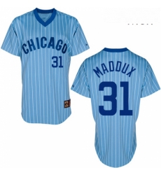 Mens Majestic Chicago Cubs 31 Greg Maddux Replica BlueWhite Strip Cooperstown Throwback MLB Jersey