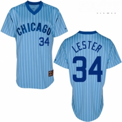 Mens Majestic Chicago Cubs 34 Jon Lester Authentic BlueWhite Strip Cooperstown Throwback MLB Jersey