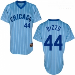 Mens Majestic Chicago Cubs 44 Anthony Rizzo Replica BlueWhite Strip Cooperstown Throwback MLB Jersey