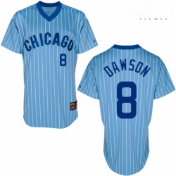 Mens Majestic Chicago Cubs 8 Andre Dawson Authentic BlueWhite Strip Cooperstown Throwback MLB Jersey