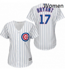 Womens Majestic Chicago Cubs 17 Kris Bryant Authentic WhiteBlue Strip Fashion MLB Jersey