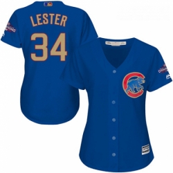 Womens Majestic Chicago Cubs 34 Jon Lester Authentic Royal Blue 2017 Gold Champion MLB Jersey