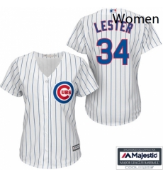 Womens Majestic Chicago Cubs 34 Jon Lester Authentic WhiteBlue Strip Fashion MLB Jersey