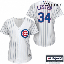 Womens Majestic Chicago Cubs 34 Jon Lester Authentic WhiteBlue Strip Fashion MLB Jersey