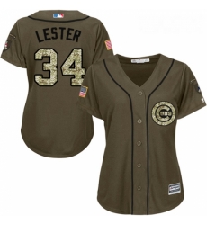 Womens Majestic Chicago Cubs 34 Jon Lester Replica Green Salute to Service MLB Jersey