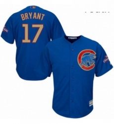 Youth Majestic Chicago Cubs 17 Kris Bryant Authentic Royal Blue 2017 Gold Champion Cool Base MLB Jersey