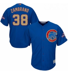 Youth Majestic Chicago Cubs 38 Carlos Zambrano Authentic Royal Blue 2017 Gold Champion Cool Base MLB Jersey
