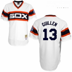 Mens Mitchell and Ness Chicago White Sox 13 Ozzie Guillen Authentic White Throwback MLB Jersey