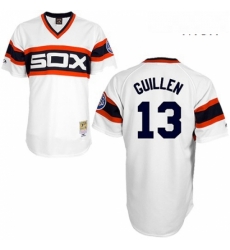 Mens Mitchell and Ness Chicago White Sox 13 Ozzie Guillen Replica White Throwback MLB Jersey