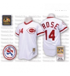 Mens Mitchell and Ness Cincinnati Reds 14 Pete Rose Replica White Throwback MLB Jersey